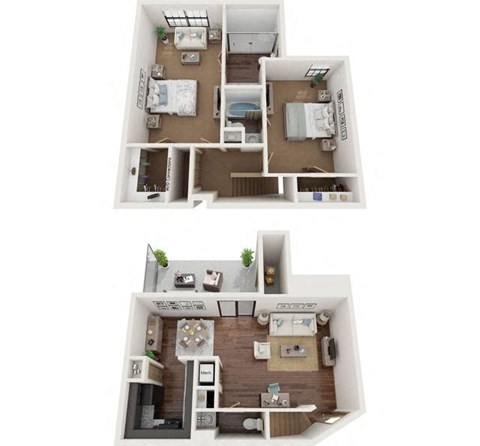 Floor plan of a townhome style Amethyst floor plan at Amberlake Village apartments 2 bedrooms